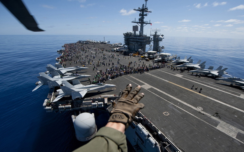 warship, 1080P, aerial view, military aircraft, soldier, military, aircraft carrier, McDonnell Douglas CF-18 Hornet