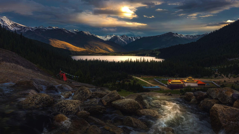 buddhism, non-urban scene, 1080P, nature, environment, leisure activity, asia, mountain range, scenics - nature, lakes, water, buddhist, stream, tibet