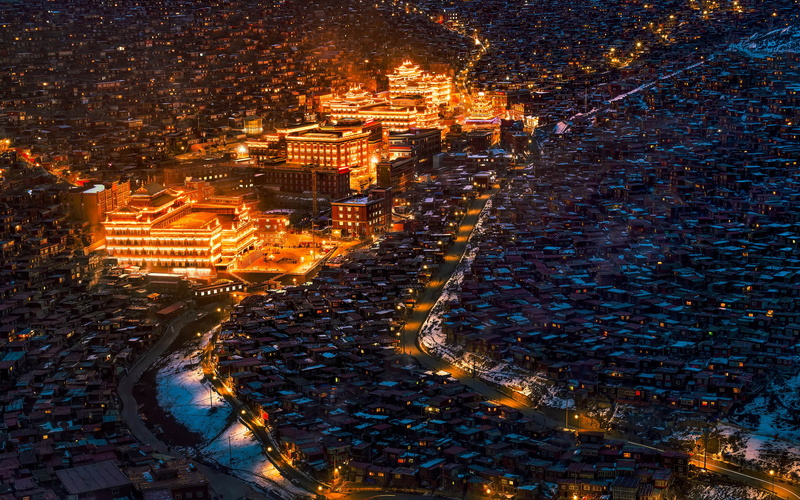snowing, building exterior, night, cityscape, college, architecture, city life, wuming, office building exterior, road, ganzi, buddhist, nature, larong