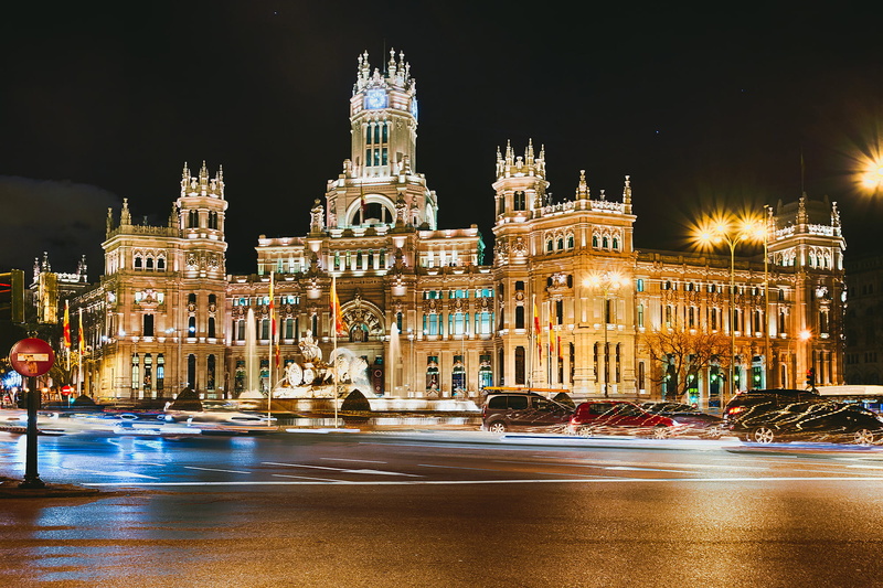 city street, cathedral, vacations, transportation, europe, capital Cities, people Traveling, city Life, built Structure, Spain, machine, dusk, town, light trail