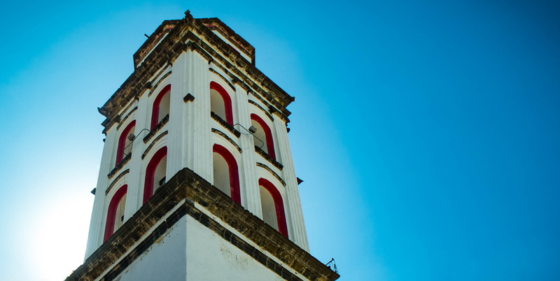 sky, clear sky, church, the past, belief, nature, blue, low angle view, building exterior, no people, iglesia, religion, history, architecture, tower, méxico