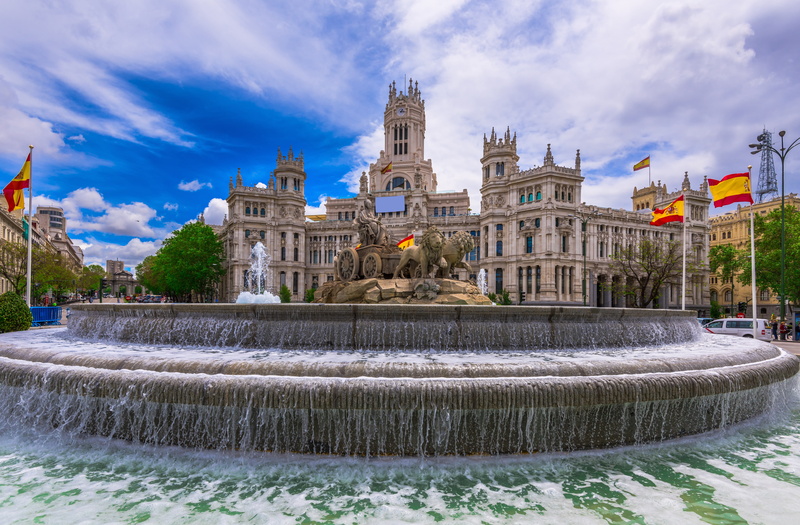 clouds, the sun, Cybeles Square, 5K, fountain, Spain, sculpture, home, the sky, area, Palace, Madrid