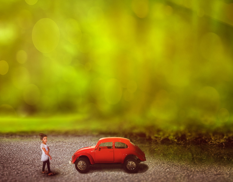 outdoors, day, transportation, child, mode of transportation, 2K, motor vehicle, innocence, toy, excitement, road, toy car, girls, car, one person, red