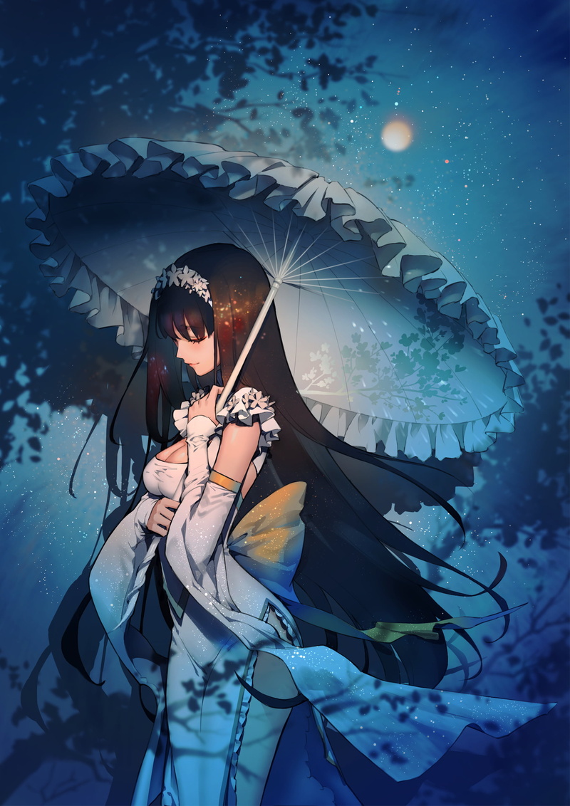 dress, anime girls, 2K, original characters, stars, night, 2D, vertical, portrait display, shadow, black hair, profile, cleavage, umbrella, white dress