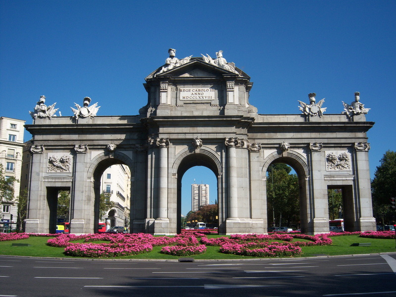 the past, day, 2K, blue, puerta de alcalá, no people, sky, plant, building exterior, monument, history, clear sky, travel, architecture, purple, old, europe