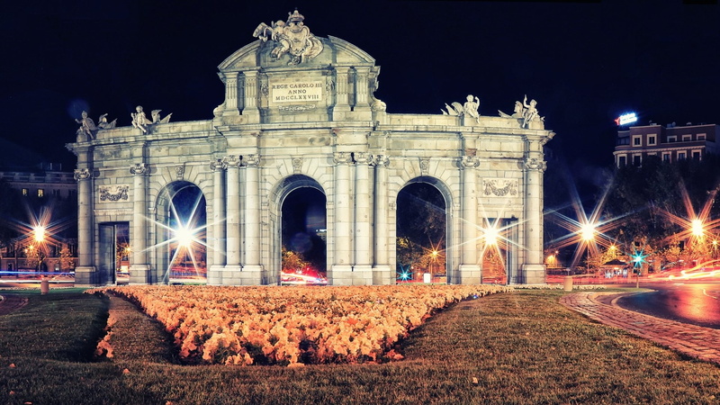 built structure, government, blurred motion, 1080P, light trail, night, architectural column, city, long exposure, Puerta de Alcalá, architecture, street