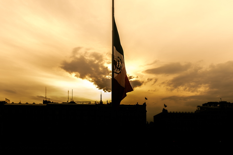 sky, zocalo, built structure, mexico city, dusk, mexican, mexican flag, sunset, city, outdoors, cloud - sky, shadows, low angle view, architecture, mexico
