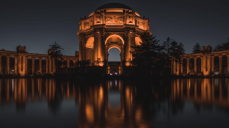 building exterior, united states, palace of fine arts theatre, no people, built structure, history, lake, water, dusk, the past, waterfront, tourist attraction