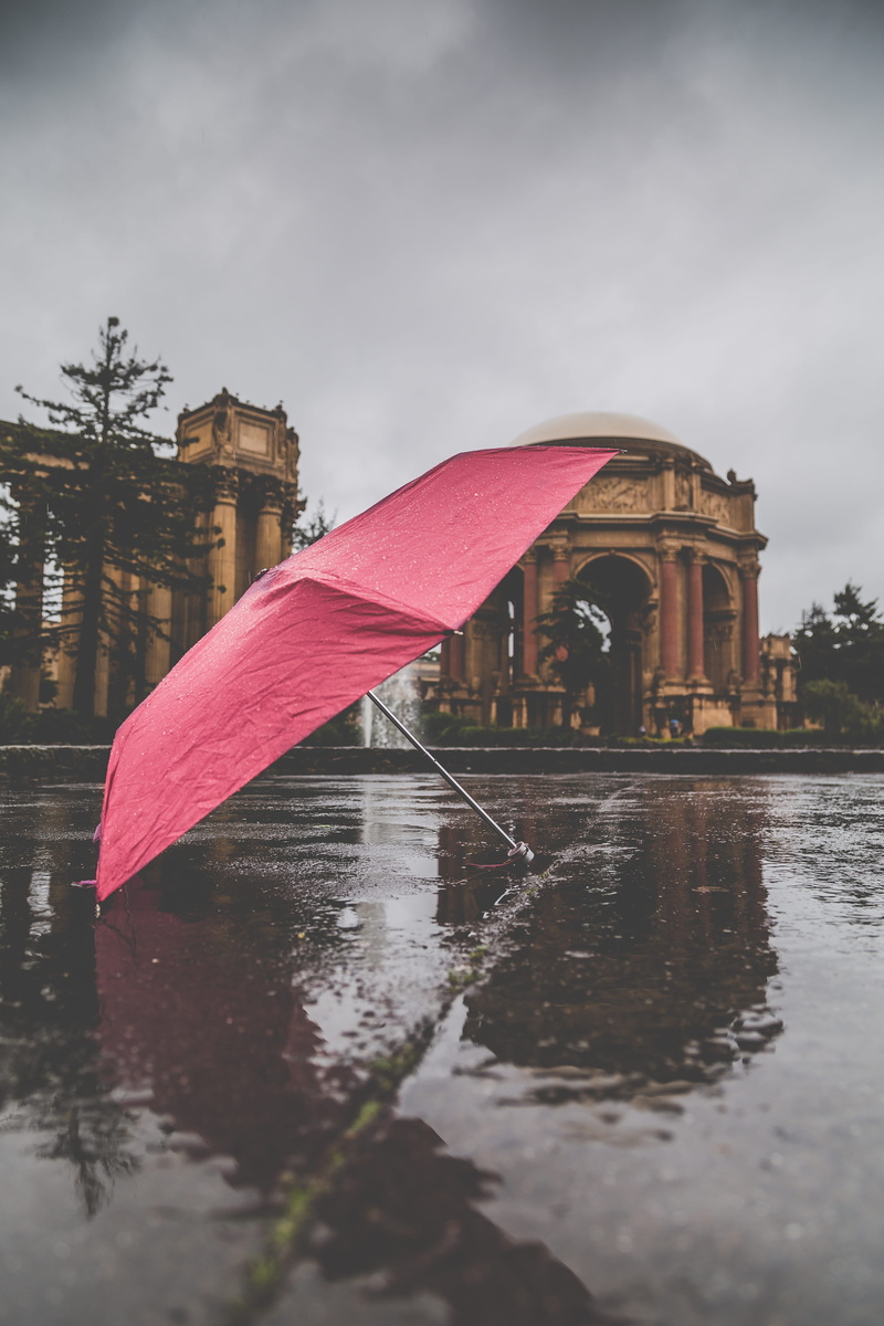 rainy season, sky, building exterior, rain, umbrella, waterfront, city, 5K, built structure, day, monsoon, trees, outdoors, red, united states, water