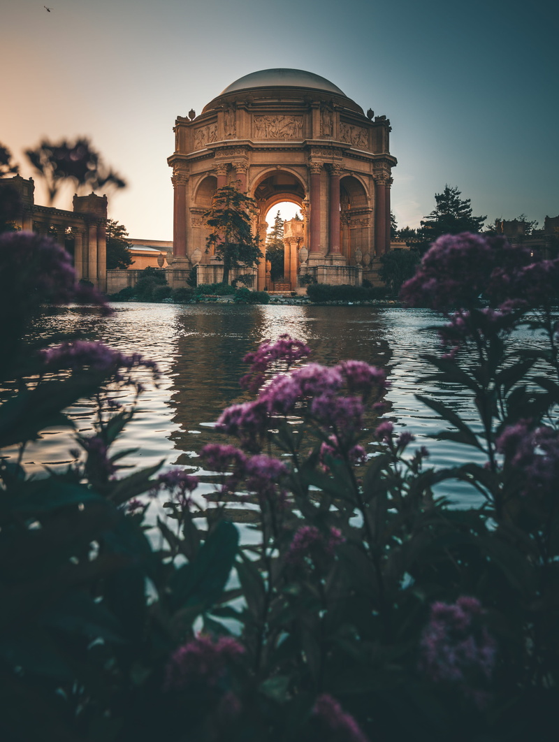 travel destinations, purple, pond, 5K, flower, architecture, building exterior, lake, light, flowering plant, tourist attraction, color, outdoors, history
