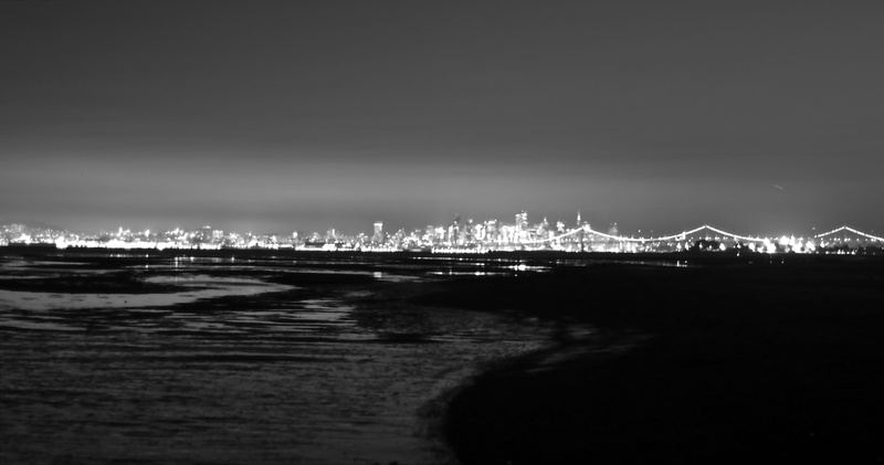 sunset, skyline, illuminated, skyscraper, nature, water, night, alameda, black and white, clear sky, architecture, connection, building exterior, cityscape