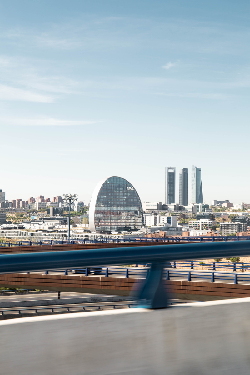skyscraper, amusement park ride, blue, bbva, nature, no people, building exterior, cityscape, cloud - sky, 5K, day, spain, architecture, water, built structure