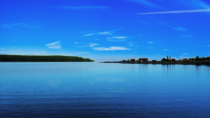 landscape, 1080P, contrail, sky, clouds, water, lake, village, blue, horizon, aircraft
