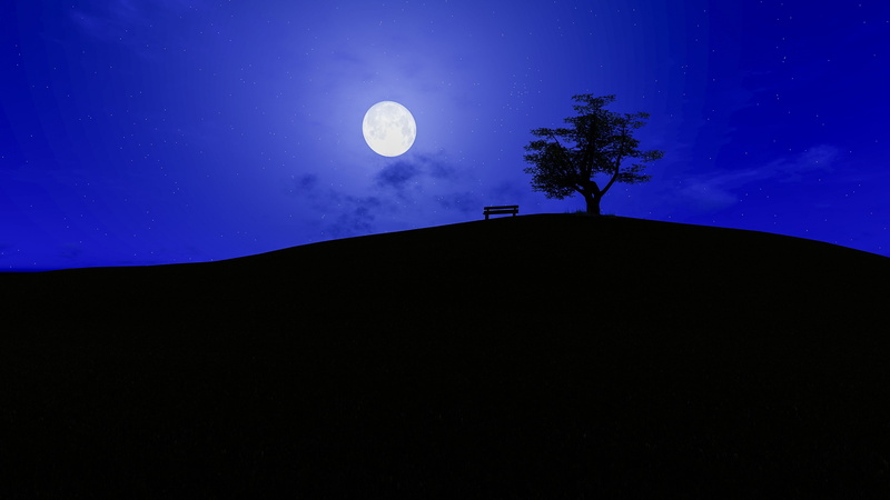 Tree, 4K, Blue, Full moon, Silhouette, Starry sky, 4K, Alone