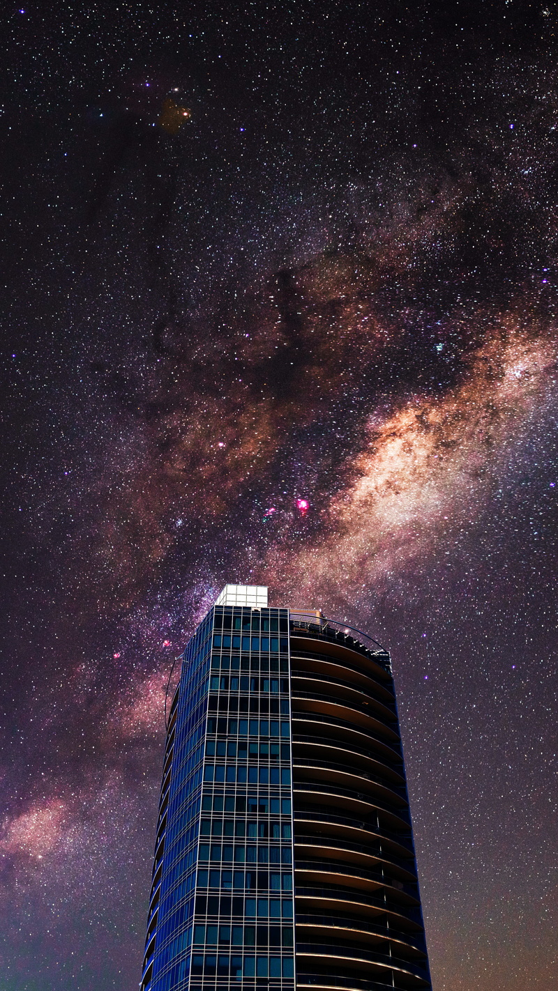skyscraper, nightscape, night, nature, tall - high, galaxy, blue, 4K, built structure, tower, astronomy, office building exterior, black, beauty in nature