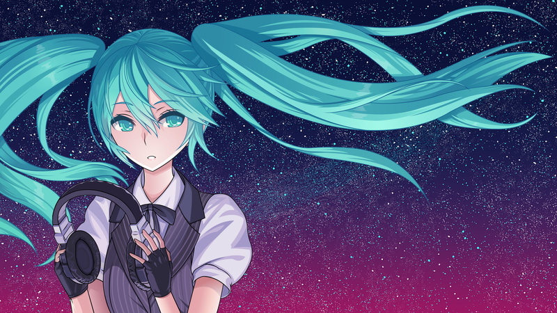Hatsune Miku, Headphones, Blue Hair, Vocaloid, Starry Sky, 1080P, Twintails, Blue Eyes, Anime