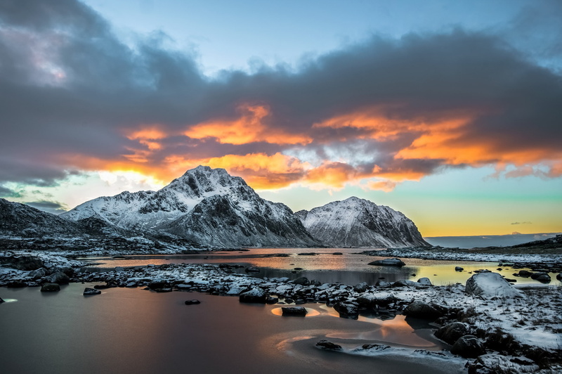 coast, Norway, mountains, Norwegian fishing village, 1080P, sunset