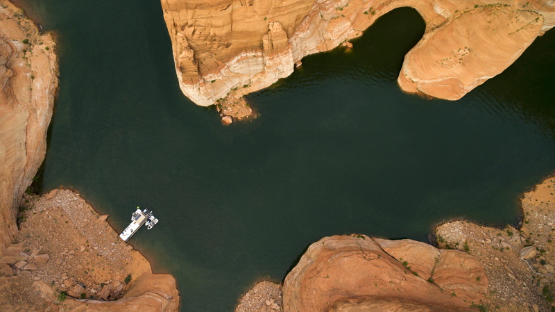 high angle view, dji inspire, water, united states, scenics - nature, red rock, rock, non-urban scene, tranquil scene, camping, houseboat, canyon, aerial