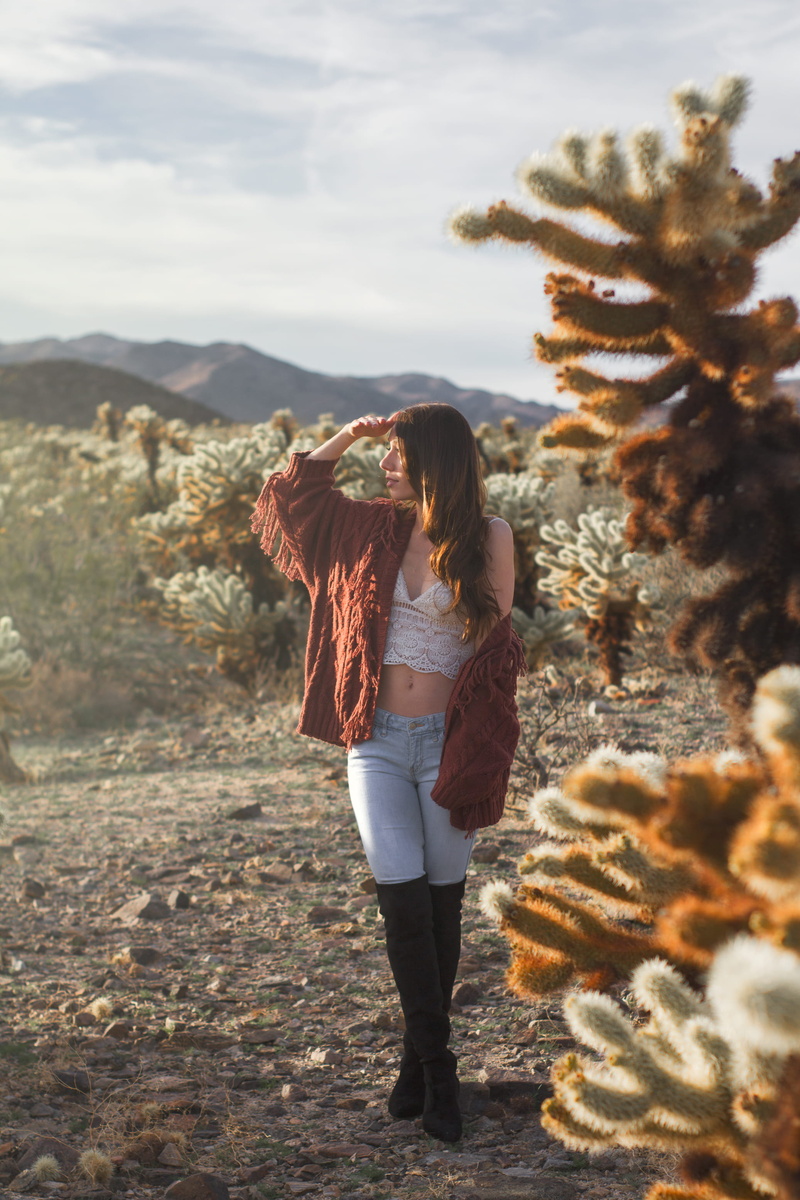 warm clothing, woman, field, tree, outdoors, joshua tree, young adult, apparel, lifestyles, cholla gardens, young women, gardens, california, casual clothing