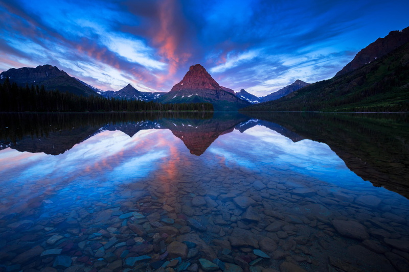 sky, beauty in nature, water, purity, tranquil scene, no people, idyllic, reflection lake, Two Medicine Lake. Glacier National Park, snowcapped mountain