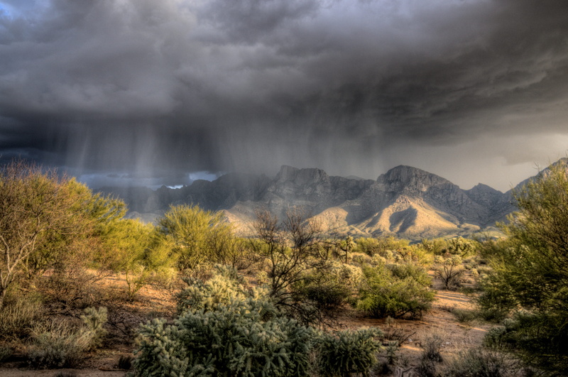 rain, sky, outdoors, land, landscape, oro valley, scenics - nature, 4K, beauty in nature, tranquility, green, storm, natural, mountain, plant, desert