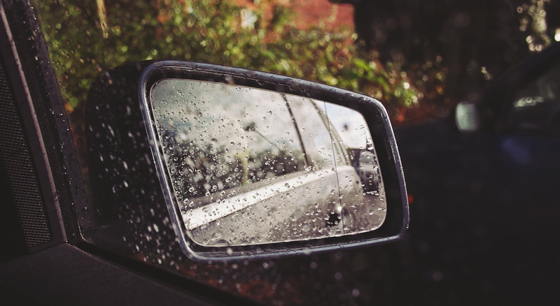 mirror, motor vehicle, glass - material, right, wing, car mirror, day, car, side-view mirror, winged, droplets, black, framed, no people, drop, reflection