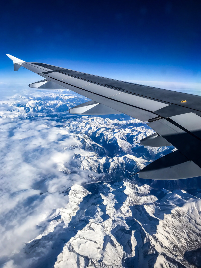 photography, view, alps, right, snowcapped mountain, airplane, outdoors, wing, air vehicle, mode of transportation, cloud - sky, transportation, travel