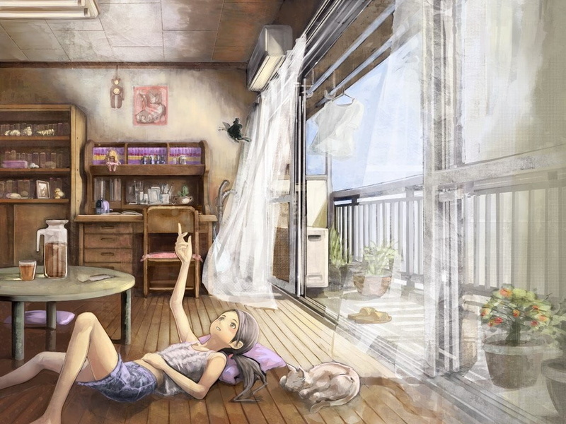 anime, window, lifestyles, leisure activity, relaxation, lying down, indoors, young adult, home interior, young women, one person, wood, domestic room