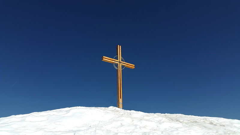 summit cross, alpine, mountaineering, kleinwalsertal, kuhgehrenspitze, blue sky, winter, sky, blue, sport, environment, low angle view, brown, snowfield