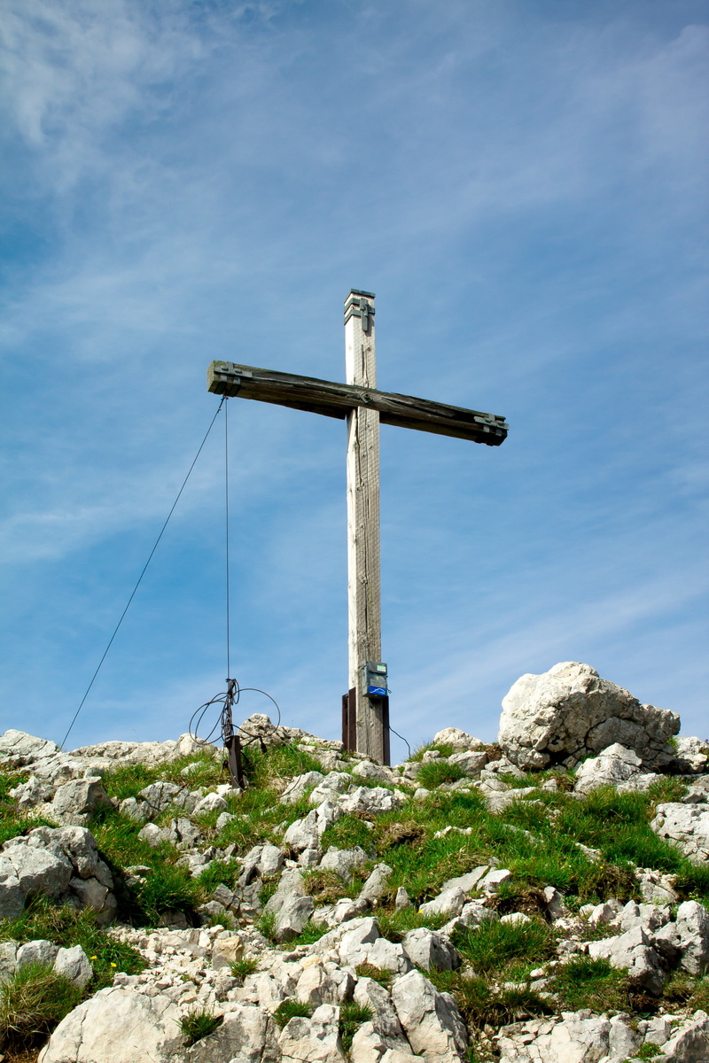 summit, sky, tranquility, rock, summit cross, alpine, solid, cross, hiking, blue, outdoors, belief, bavaria, day, low angle view, 4K, religion, no people