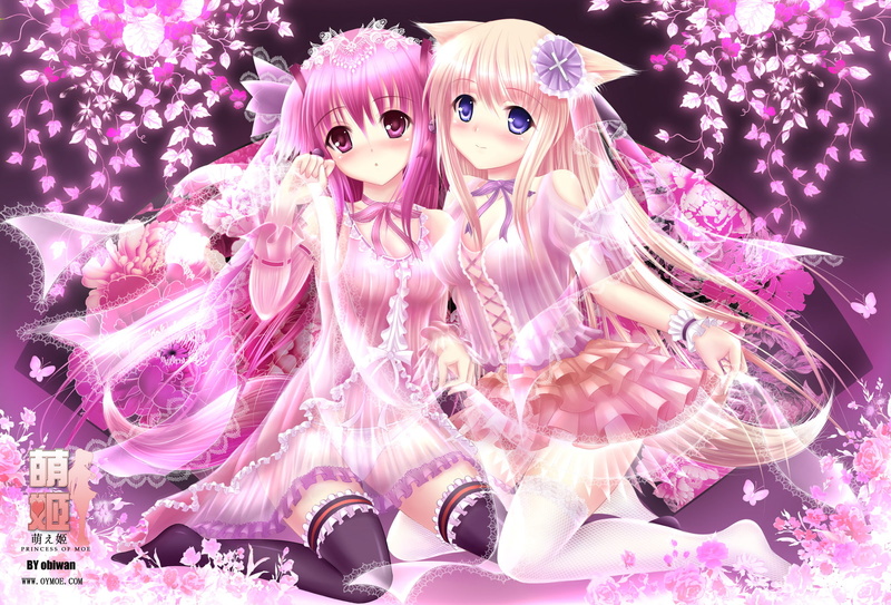 blonde, 720P, ribbons, animal, blush, flowers, ears, foxgirl, hair, pink, original, eyes, tail, obiwan, thighhighs, girls