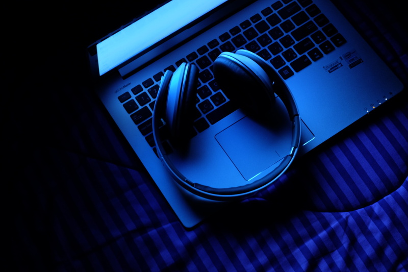 keyboard, indoors, computer equipment, comptuer, music, data, 2K, computer keyboard, headphones, close-up, white, no people, black background, notebook