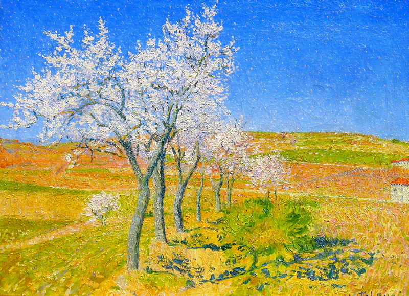landscape, house, trees, field, 1080P, Achille Lauge, spring, the sky, picture