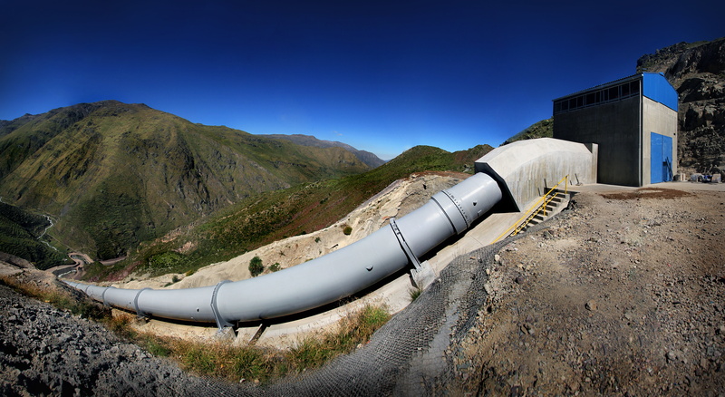 blue, mountain, outdoors, building exterior, water, architecture, pipeline, history, gate, sky, huanza, gray, environment, scenics - nature, 8K, water dam