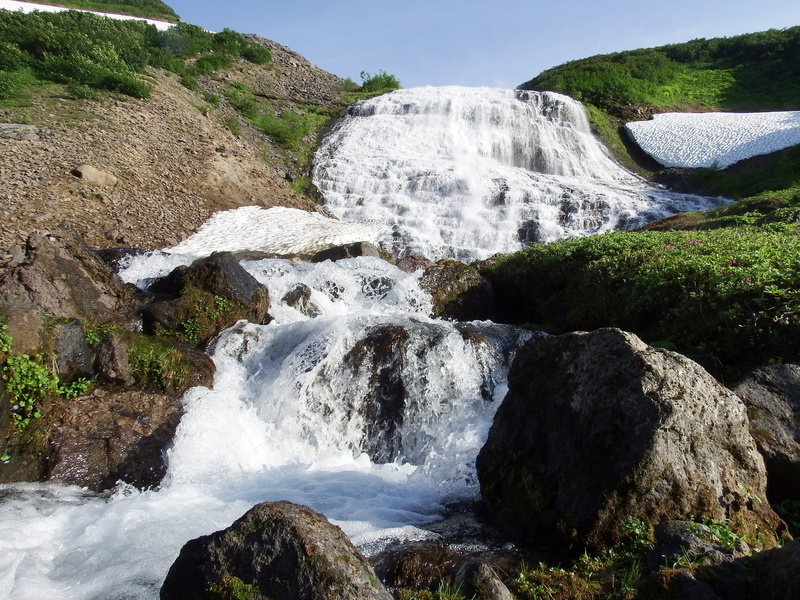 falling water, mountains, mountain landscape, scenics - nature, snow, journey, mountain valley, flowing, water, no people, spillway, plant, waterfall, kamchatka