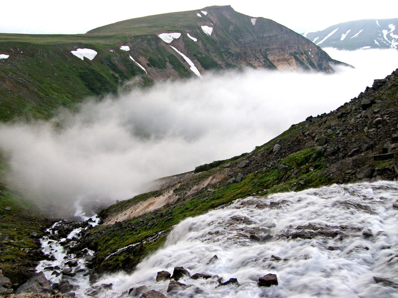 mountains, no people, snow, solid, landscape, mountain stream, flowing water, non-urban scene, motion, highlands, water, rock, the snow, kamchatka, fog