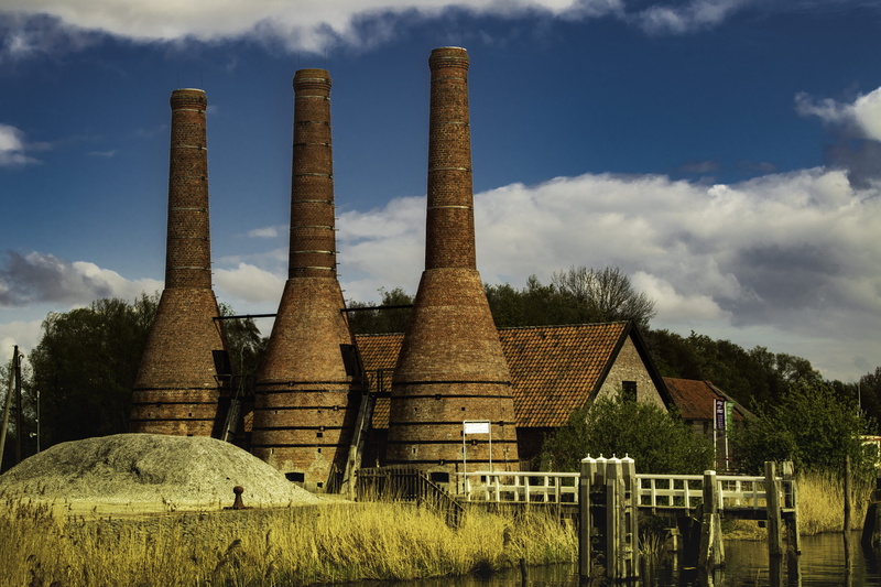 sky, near, landscape, history, brick, plant, water, house, architecture, building exterior, farmhouse, built structure, agriculture, smokestack, factory