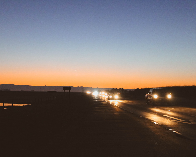 mode of transportation, nature, mountains, cars at sunrise, california 99, illuminated, headlight, copy space, orange skies, road trip, los molinos, sunrise