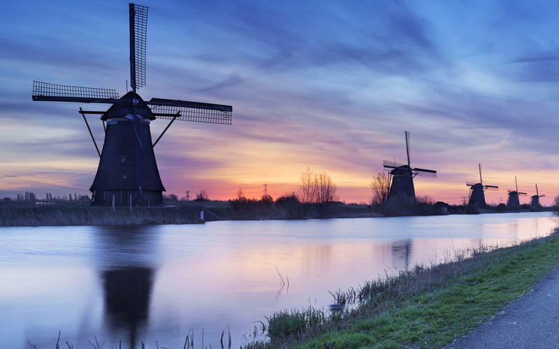 black, wind turbine, wind, sky, built structure, wind power, sunset, architecture, no people, kids, renewable energy, 1080P, nature, dams, mill, river