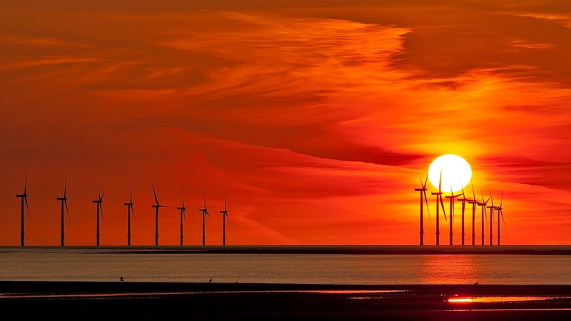 1080P, energy, sunset, eolian, mills, wind, night, white, power