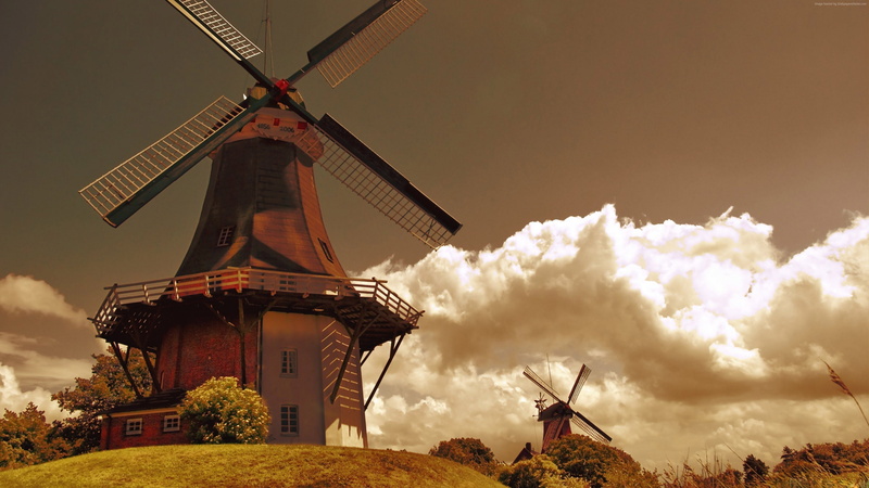 4k, wind, nature, Netherlands, 4K, clouds, Mill, sky, Holland, grass, field