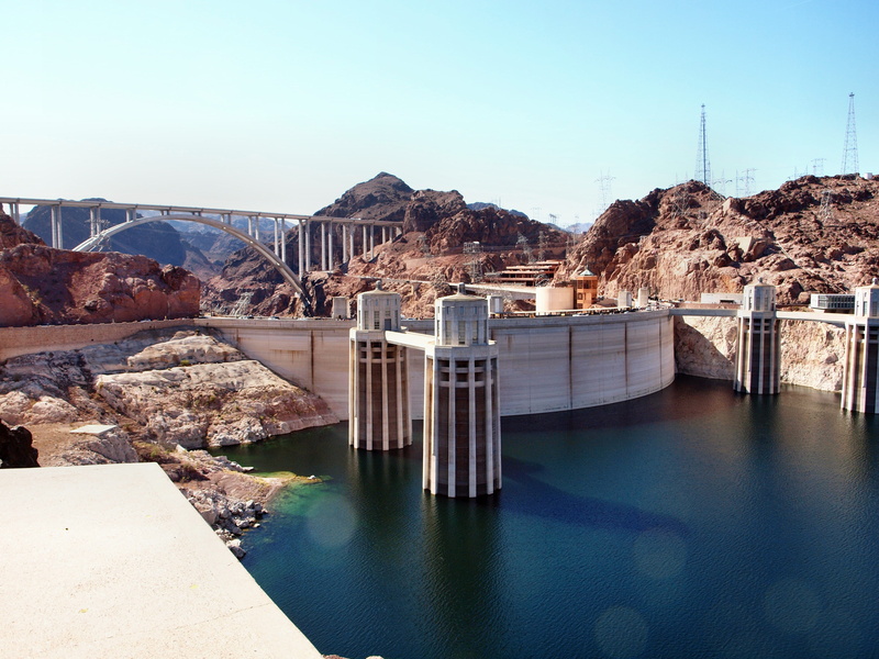 day, scenics - nature, Dam, Arizona, mountain, lake, water, dam, sky, no people, clear sky, environmental conservation, lake mead, rock - object, Building