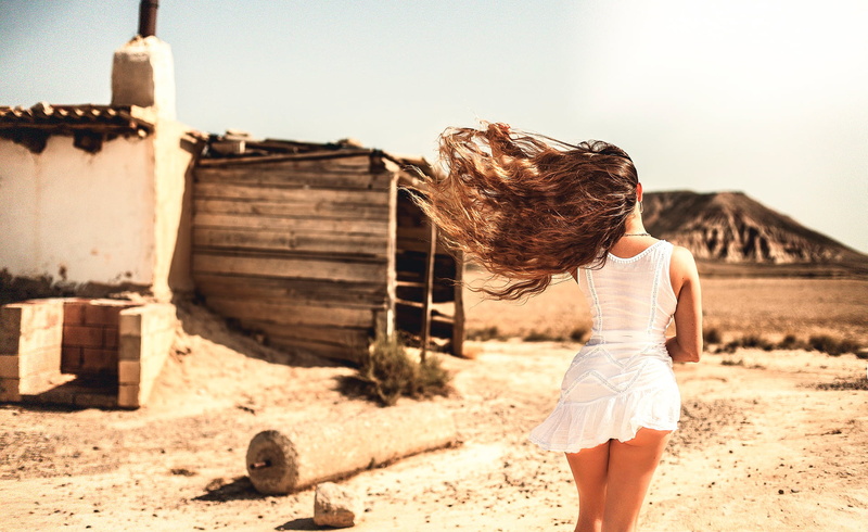 Laurent KC, white, legs, hairstyle, young women, focus on foreground, sunlight, nature, hair, adult, Bardenas Desert, women, standing, the wind, dress