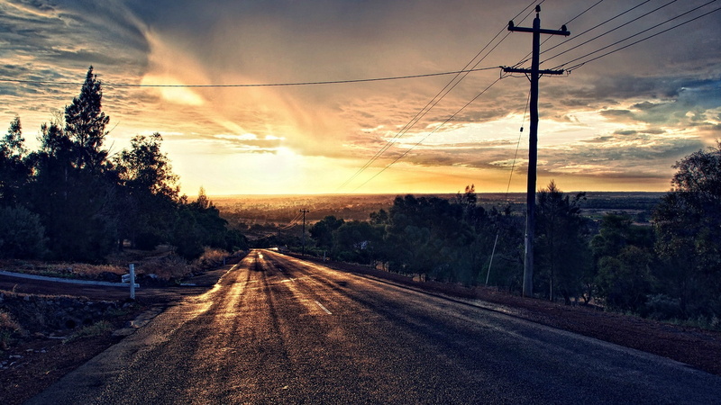 power lines, trees, clouds, 1080P, sunset, road, sky