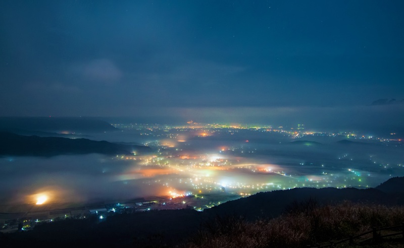 mountain range, scenics - nature, city, sky, kumamoto, aso, nature, outdoors, sea of clouds, cityscape, environment, aerial, night, night view, dark, tranquil scene