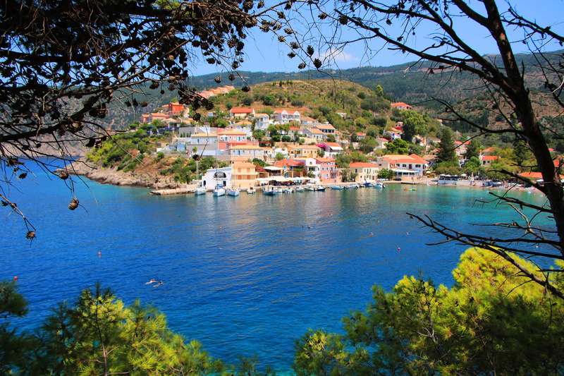 architecture, sky, village, sun, tree, beauty in nature, town, sea, water, plant, day, nature, greece, city, asos, building exterior, summer, no people