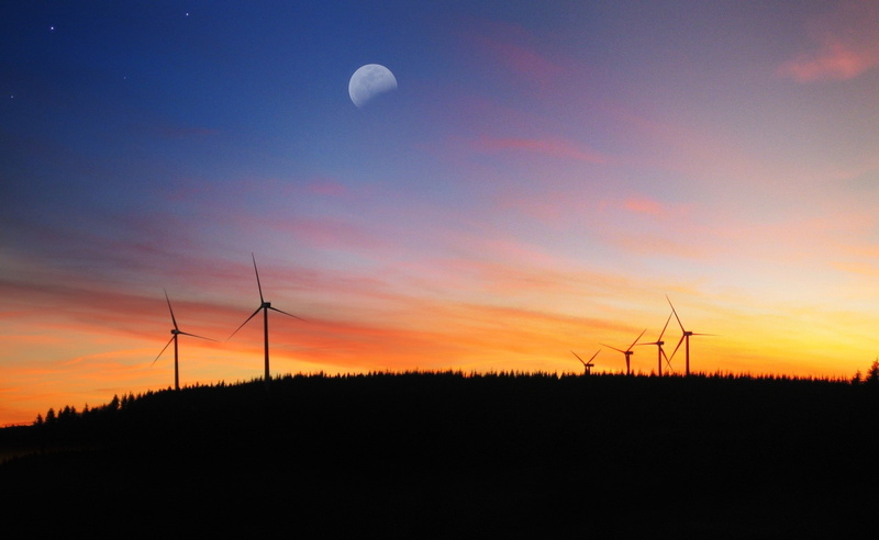 land, power supply, electricity, Nature, environmental conservation, alternative energy, beauty in nature, silhouette, moon, Turbine, Sun and Sky, fuel and power generation