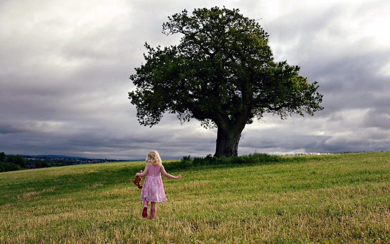 tranquil, 1080P, mood, clouds, sky, hill, children, landscapes, trees, nature, girls