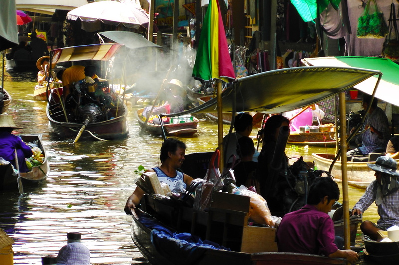 food, bangkok, tourism, mode of transportation, tradition, fruit, oriental, floating, adult, leisure activity, river, men, market, shopping, people, sitting