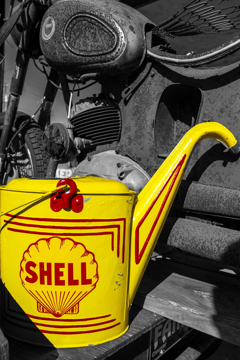 high angle view, food and drink, transportation, fruit, yellow, western script, day, isolated color, car, motor vehicle, Vintage, 4K, Gas, shell, black color
